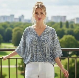Anthropologie Lovestitch Blue & White Ikat Print Top with Crochet Lace Detail